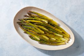 roasted asparagus in serving dish