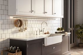 modern kitchen with gold finishes and farmhouse sink