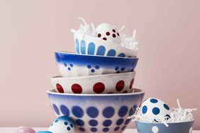 polka dot painted easter eggs in polka dot patterned bowls