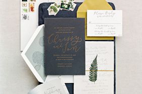 wedding stationery blue yellow stamps