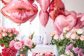 Valentine's Day balloons and flowers on display