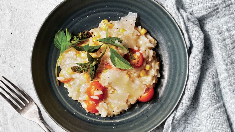 corn risotto with basil and tomato