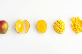 steps showing how to cut a mango from whole fruit to diced pieces