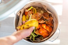 throwing food waste into compost bin