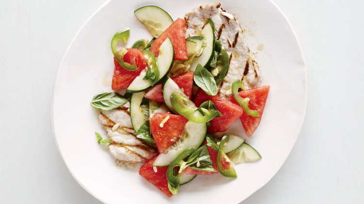 Grilled Pork Cutlets with Watermelon-Cucumber Salad