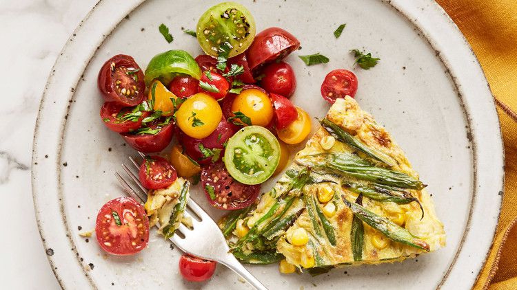 blistered green-bean and corn frittata plate and fork