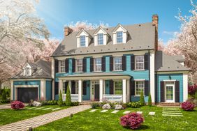 turquoise home with black shutters and white trim
