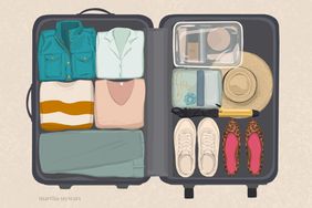 illustration of clothes and accessories packed in a suitcase
