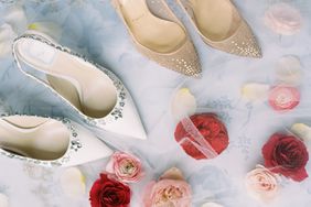 two pairs of wedding heels with crystal detail