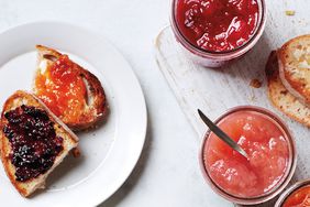 several fruit jams on toast from basic jam recipe