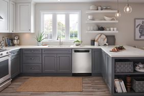 kitchen with gray cabinets