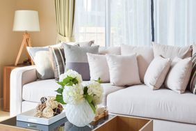Modern scandi living room sofa with throw pillows
