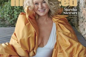 martha stewart wearing a white bathing suit and gold cape in 2023 sports illustrated swimsuit issue