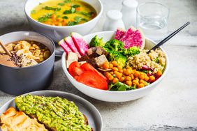 Chocolate smoothie bowl, Buddha bowl with tofu, chickpeas and quinoa, lentil soup and toast