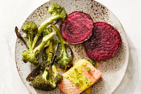 seared beets with turmeric-tahini broccoli and salmon