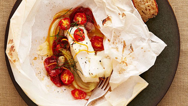 spanish cod with chorizo and fennel recipe plate