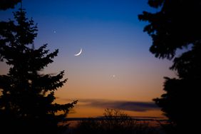 Night sky with Crescent moon and visible planets