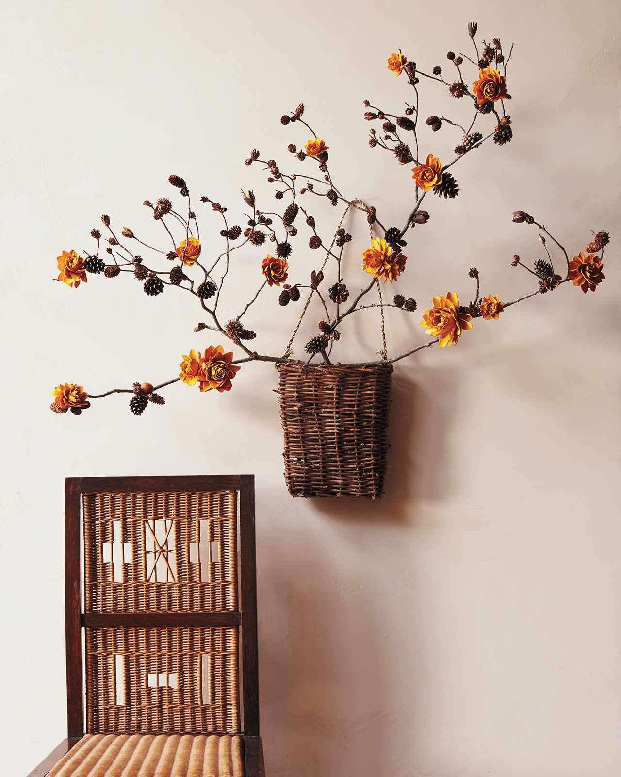 hanging basket fall flowers wicker chair