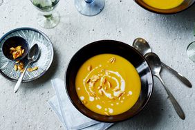 vegan butternut squash soup topped with seeds