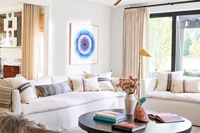 white linen-upholstered sofa in living room
